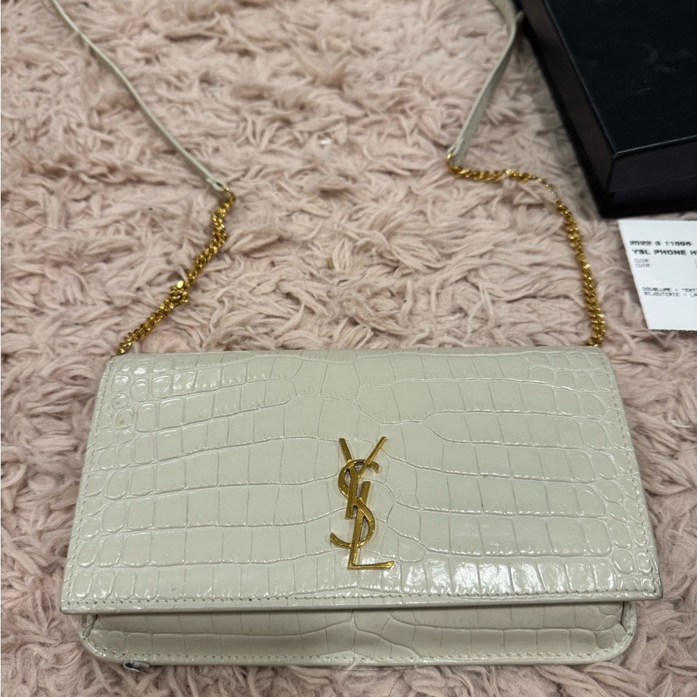 Yves Saint Laurent Ivory Croc-Embossed Crossbody Bag